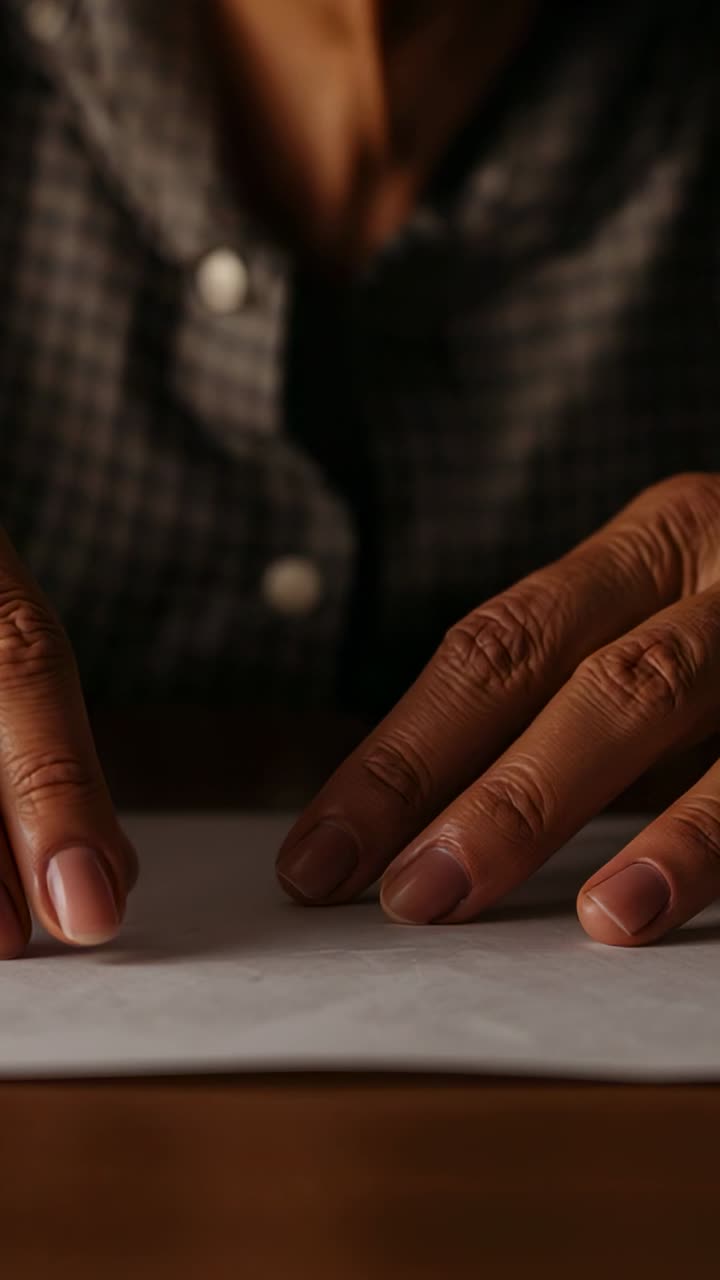 Vertical video: Leaning woman smoothing paper at home, wearing plaid shirt and preparing to sign