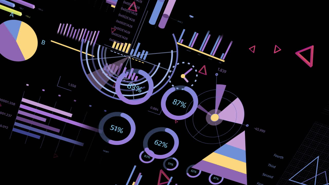 animación de múltiples gráficos a lo largo del reloj, círculos de carga, barras, triángulo contra fondo negro