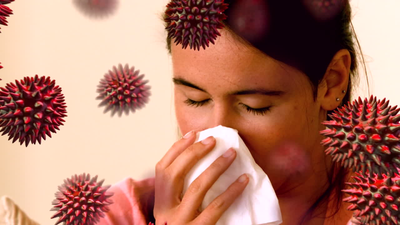 animación de la caída de las células de covid-19 sobre una mujer caucásica enferma