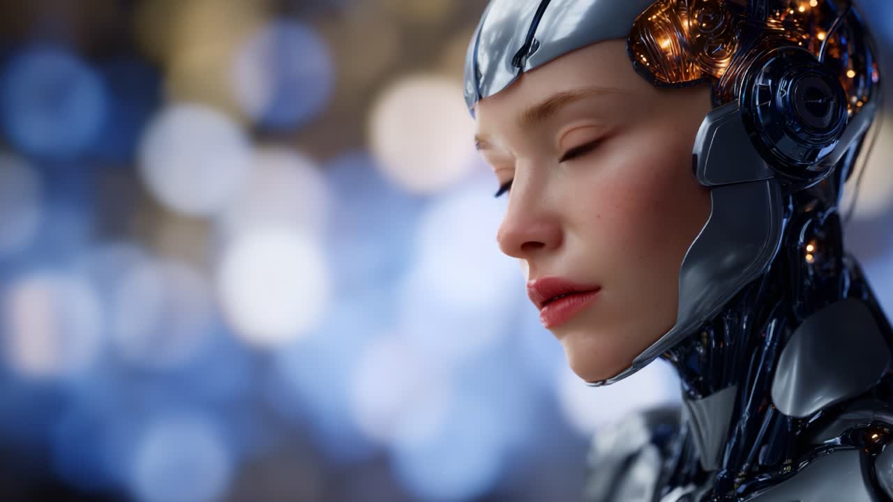 未来的な女性ロボットが物思いにふけりながら遠くを見つめ、複雑なデザインと魅力的な特徴でテクノロジーと人間性の交差を具現化しています。