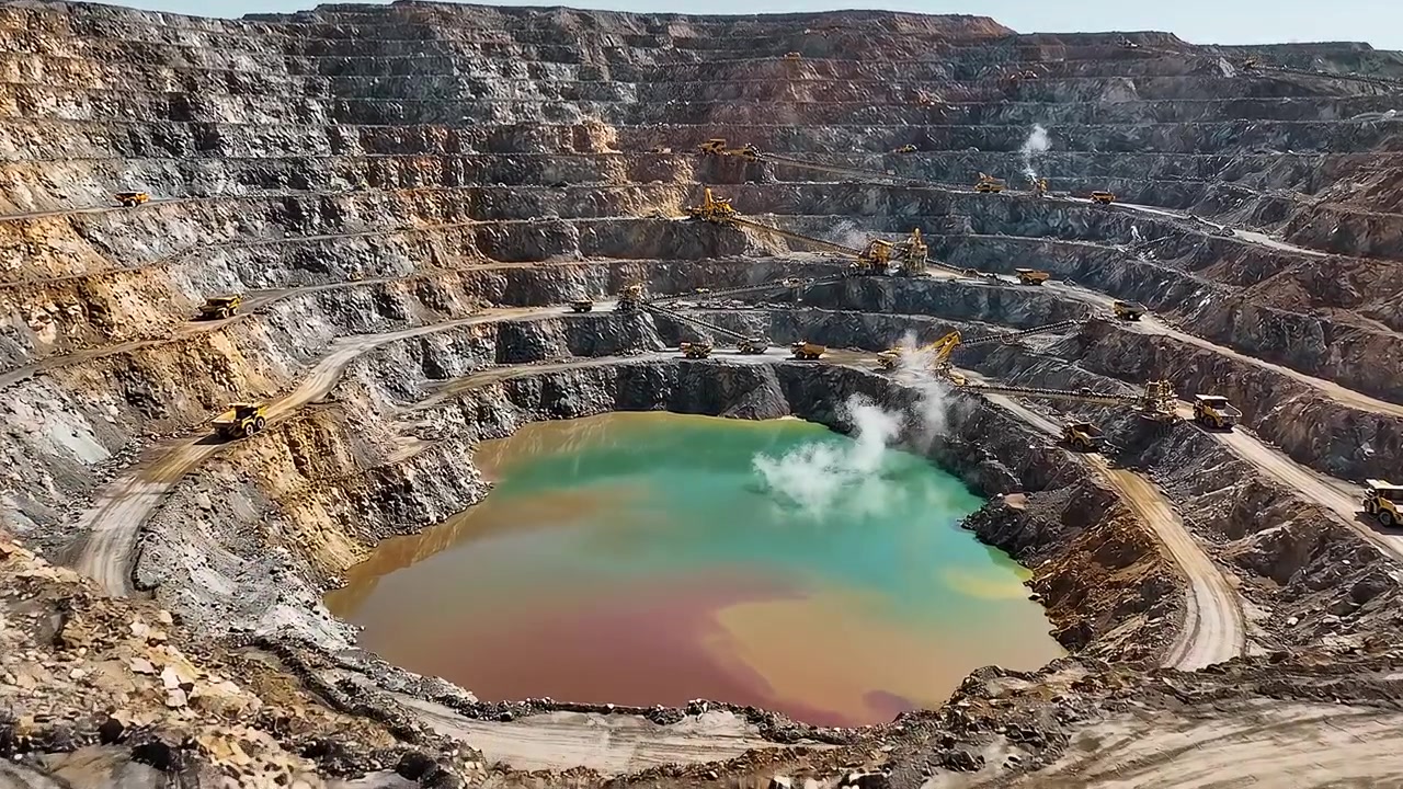 Tambang terbuka raksasa dengan alat berat dan kolam berwarna-warni