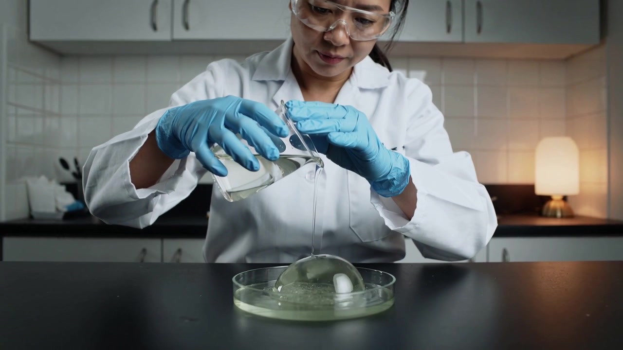 Tilting scientist in lab coat, gloves pouring from beaker into Petri dish at bench, monitoring dome