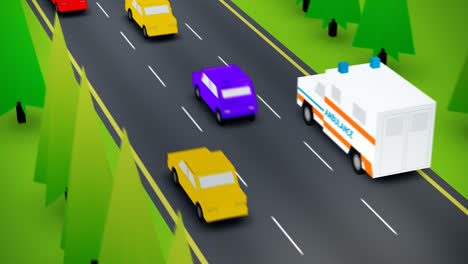 A-busy-highway-with-the-trees-on-the-roadside.-An-ambulance-with-the-flashing-lights-driving-on-the-emergency-call.-The-life-saving-vehicle-is-speeding-on-the-road-passing-cars.