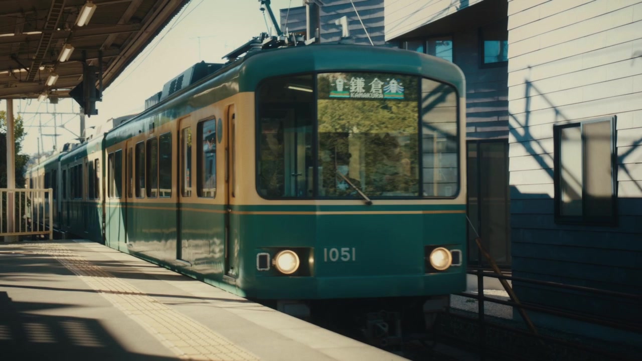 Un tren Enoden, mostrando "Kamakura" en su panel de destino, llega a una pequeña plataforma de estación, circulando por vías apretadas entre casas