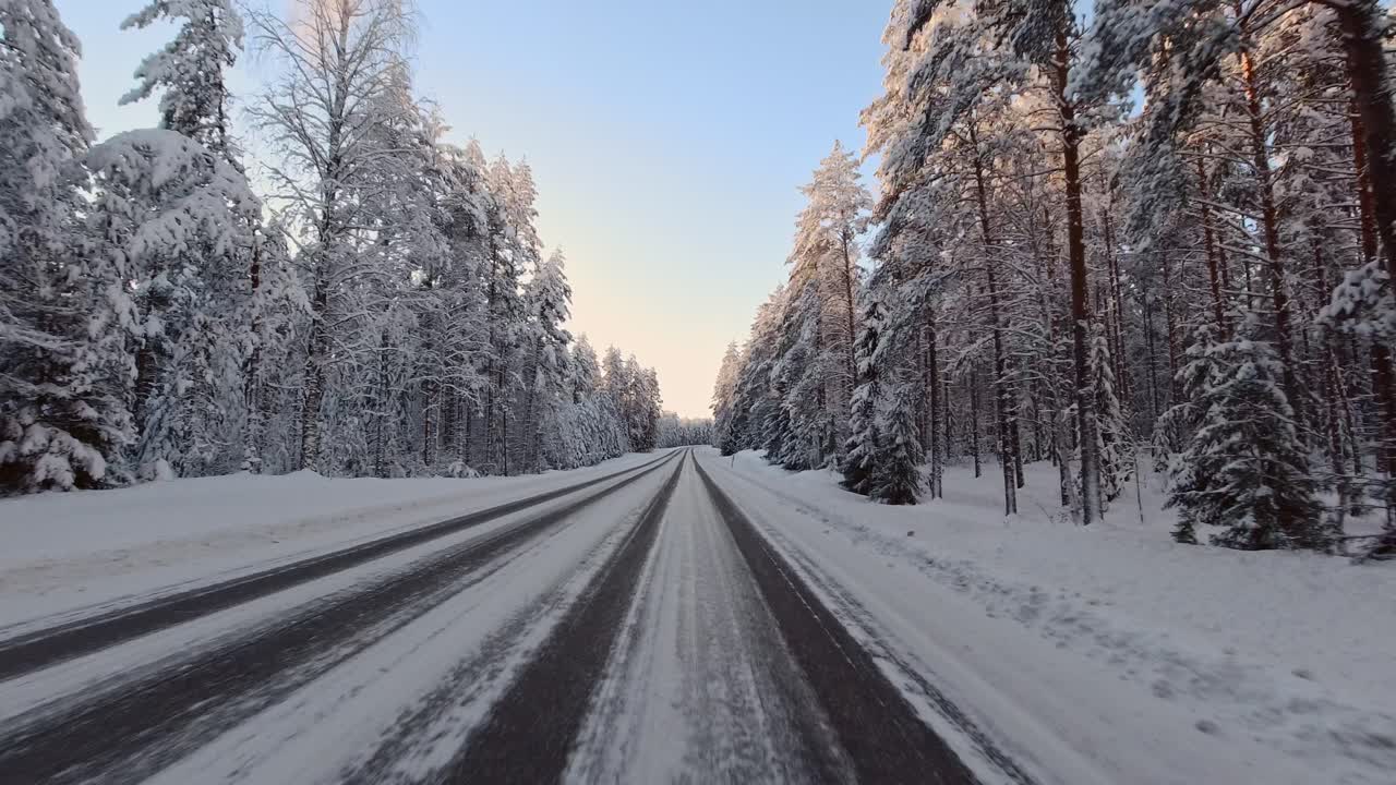 Careful skilful driving POV on Finland's Northern climate winter roads