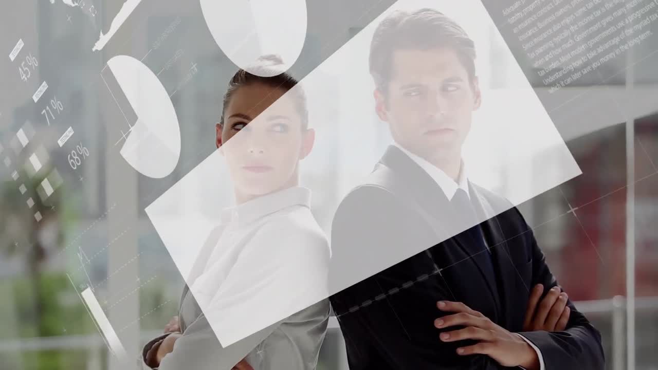 анимация обработки данных над кавказскими бизнесменами с скрещенными руками