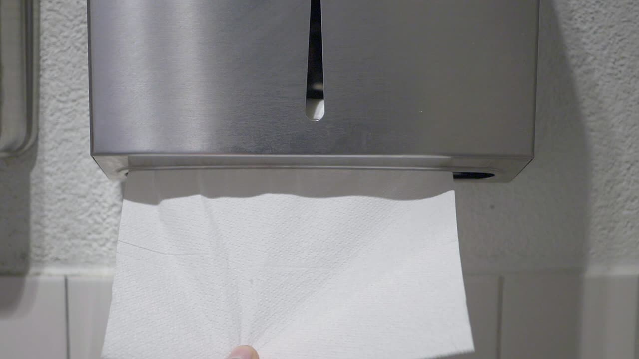 화장실 에서 디스펜서 에서 종이 수건 을 가져가는 사람