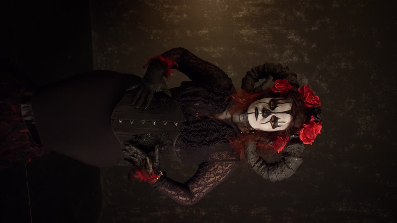 Catrina Cosplay girl moving slowly sensually inviting you to come with a black background , Medium shot