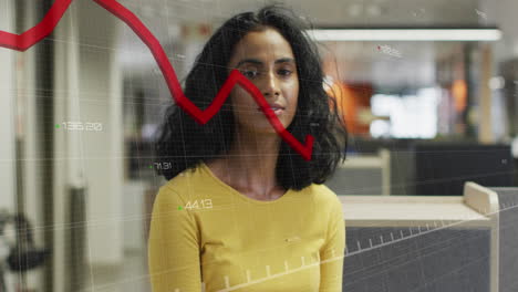 animation of graphs with changing numbers over smiling biracial woman standing in office