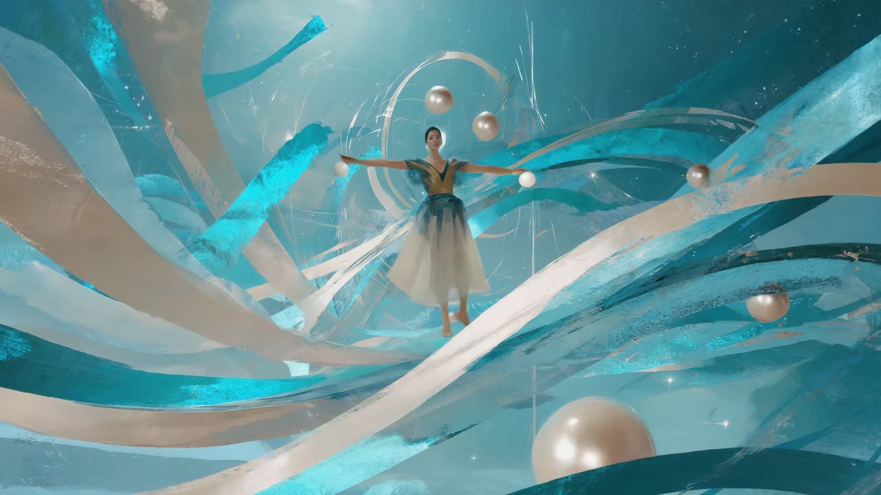 A woman in an abstract pearl dreamscape