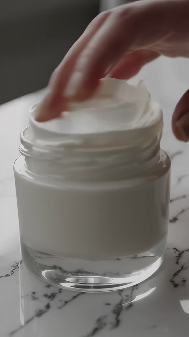 Close-up of face cream in a glass jar on a marble table.
