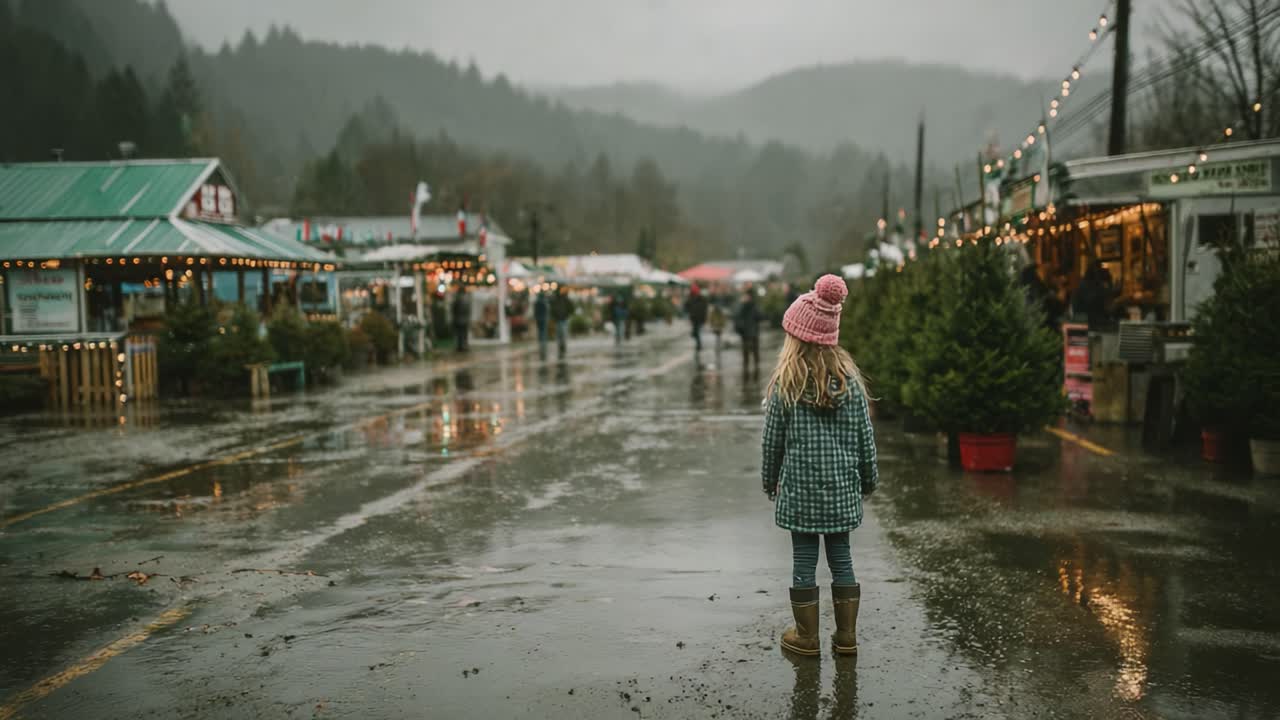 A Young Girl Stands Alone in a Rainy Marketplace, Surrounded by Festive Lights and Holiday Vibes, Capturing the Essence of a Gloomy Yet Magical Scene