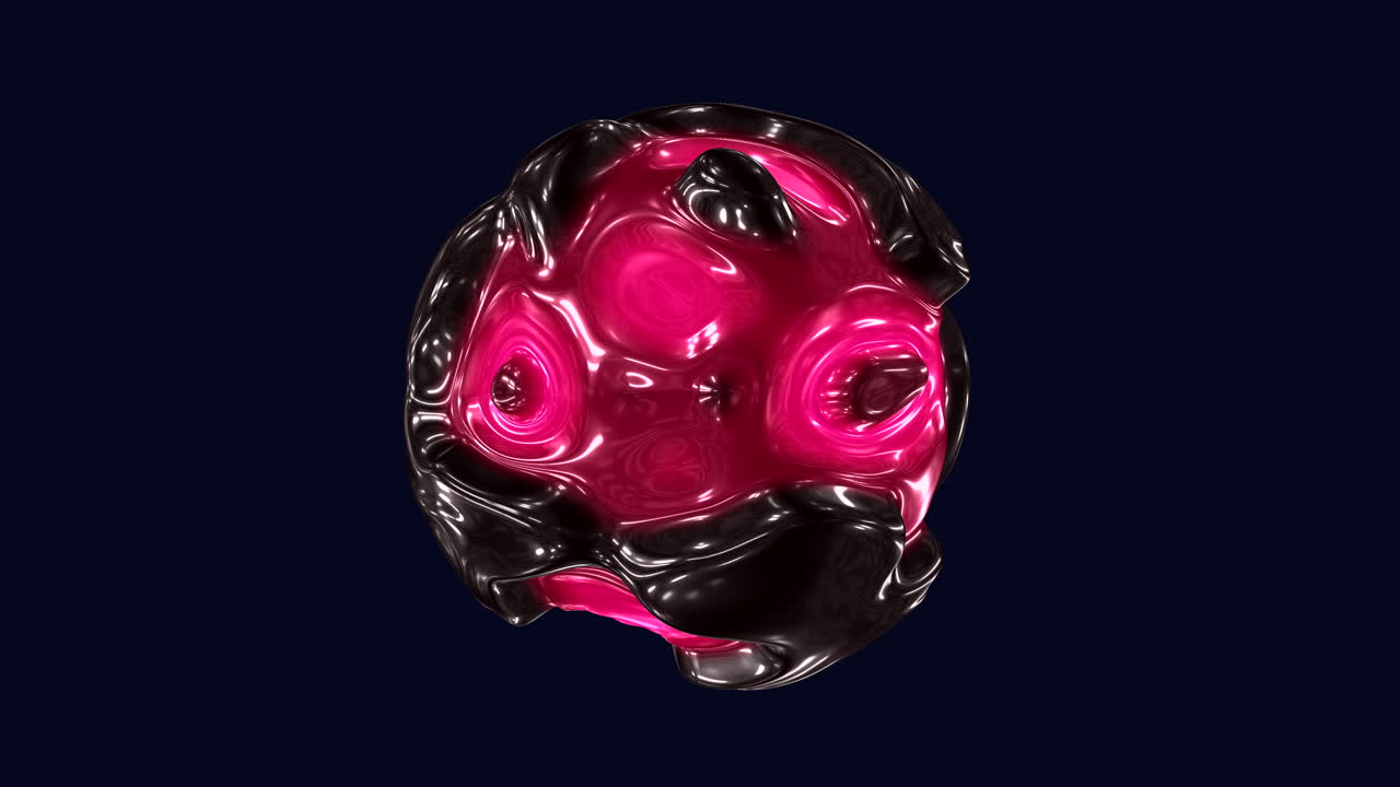 Filmato astratto 3D di un globo liquido lucido con riflessi metallici rosa e neri, che fluttua su uno sfondo scuro, ideale per immagini di tecnologia futuristica, arte e design.