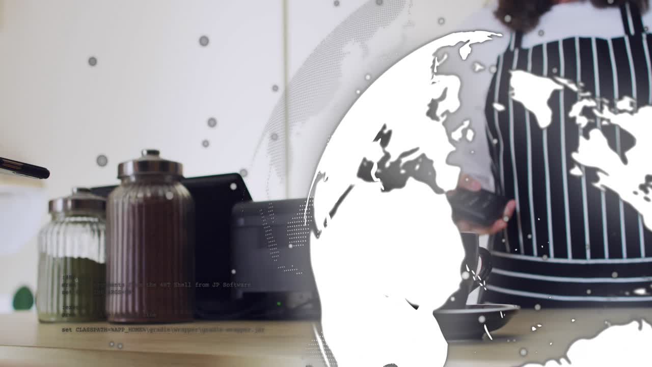 Cafe buyer tapping phone, barista with reader aligning phones to pay as globe obscuring objects