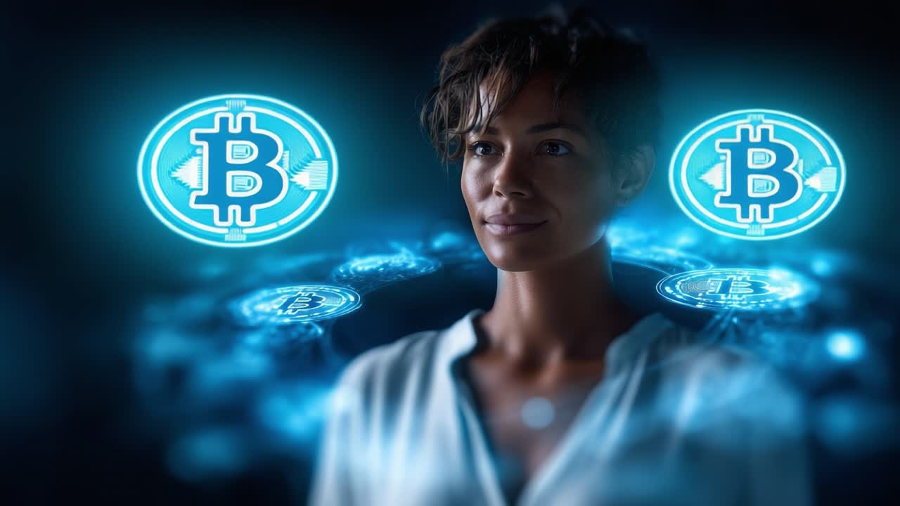Uma mulher confiante é cercada por símbolos digitais luminosos de Bitcoin, representando a interseção de tecnologia e finanças na moderna economia digital