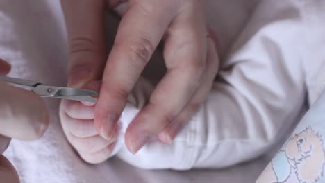 caring mom cutting baby nails on tiny baby's thumb, close up