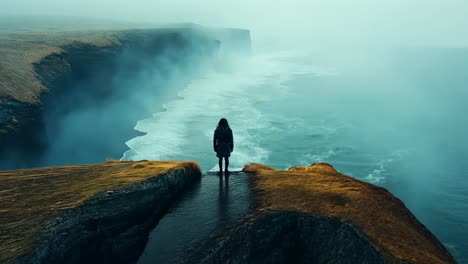 person stands on cliff edge overlooking misty ocean waves at dawn