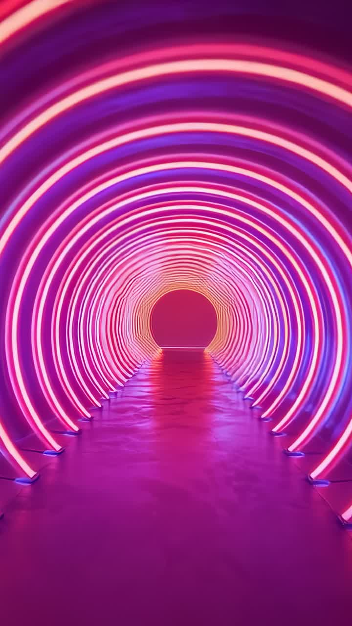 Vertical video: Glowing neon-lit tunnel with LED arches in gallery, drawing focus to yellow portal