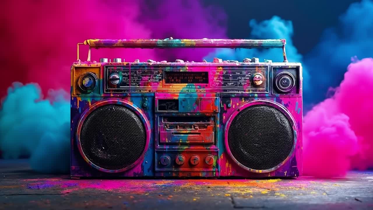 A boombox with colorful paint splatters on the side of it