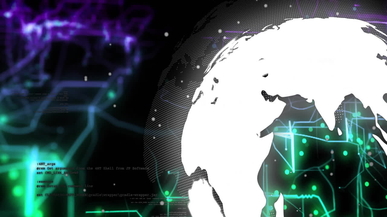 Glowing network connections and data processing animation over rotating globe