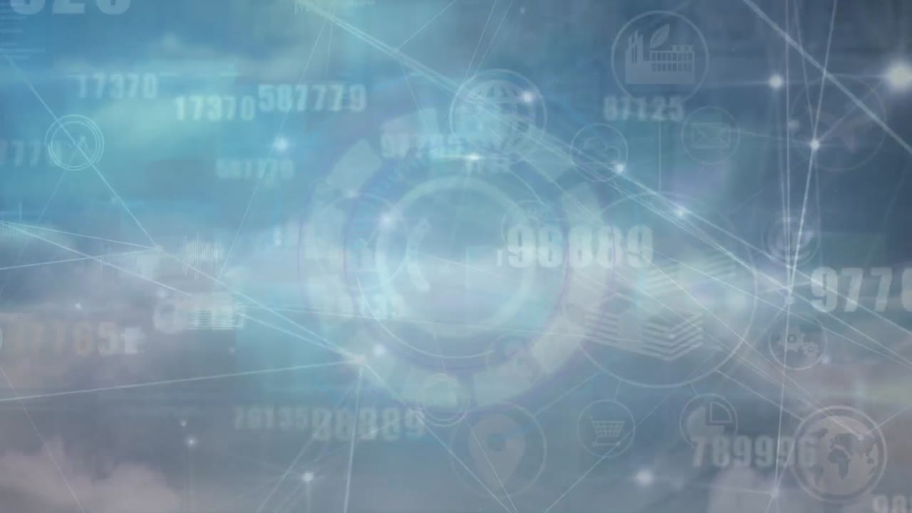 데이터 처리 및 구름이 있는 하늘 위의 범위 스캐닝과 함께 연결 네트워크의 애니메이션