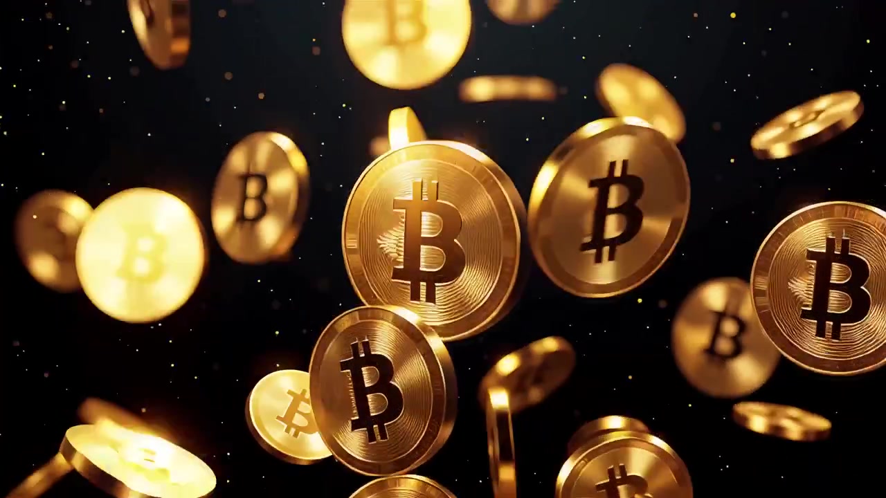 Bitcoin girando em fundo preto dramático 4K