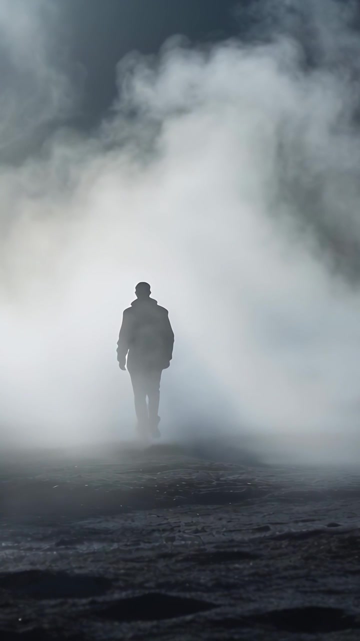 Video vertical: Hombre encapuchado caminando dirigiéndose hacia el vapor ascendente que vela el suelo oscuro, la figura desvaneciéndose