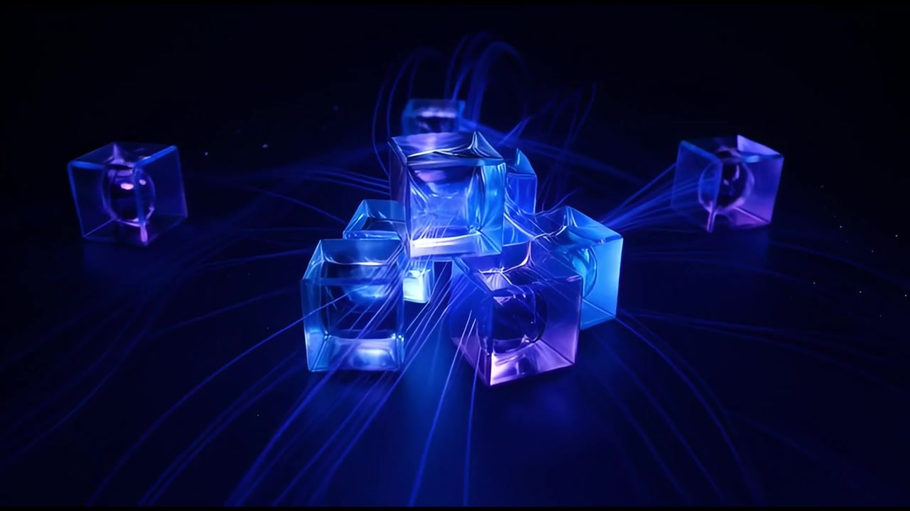 Cubi astratti dinamici con linee blu e viola luminose