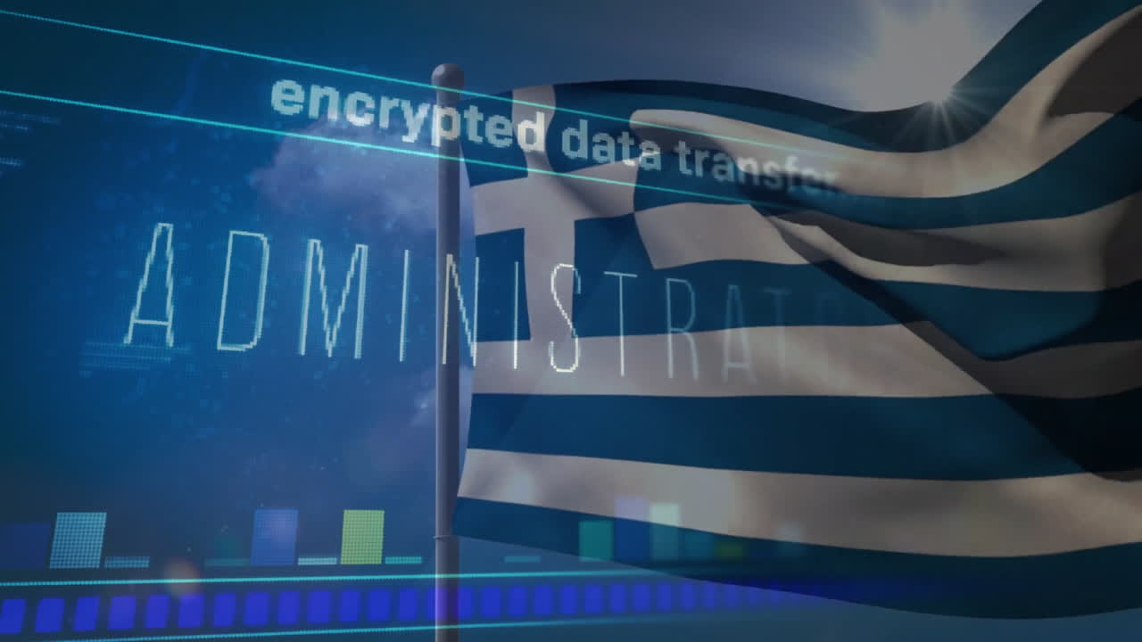 Greek flag waving over encrypted data transfer animation with digital elements