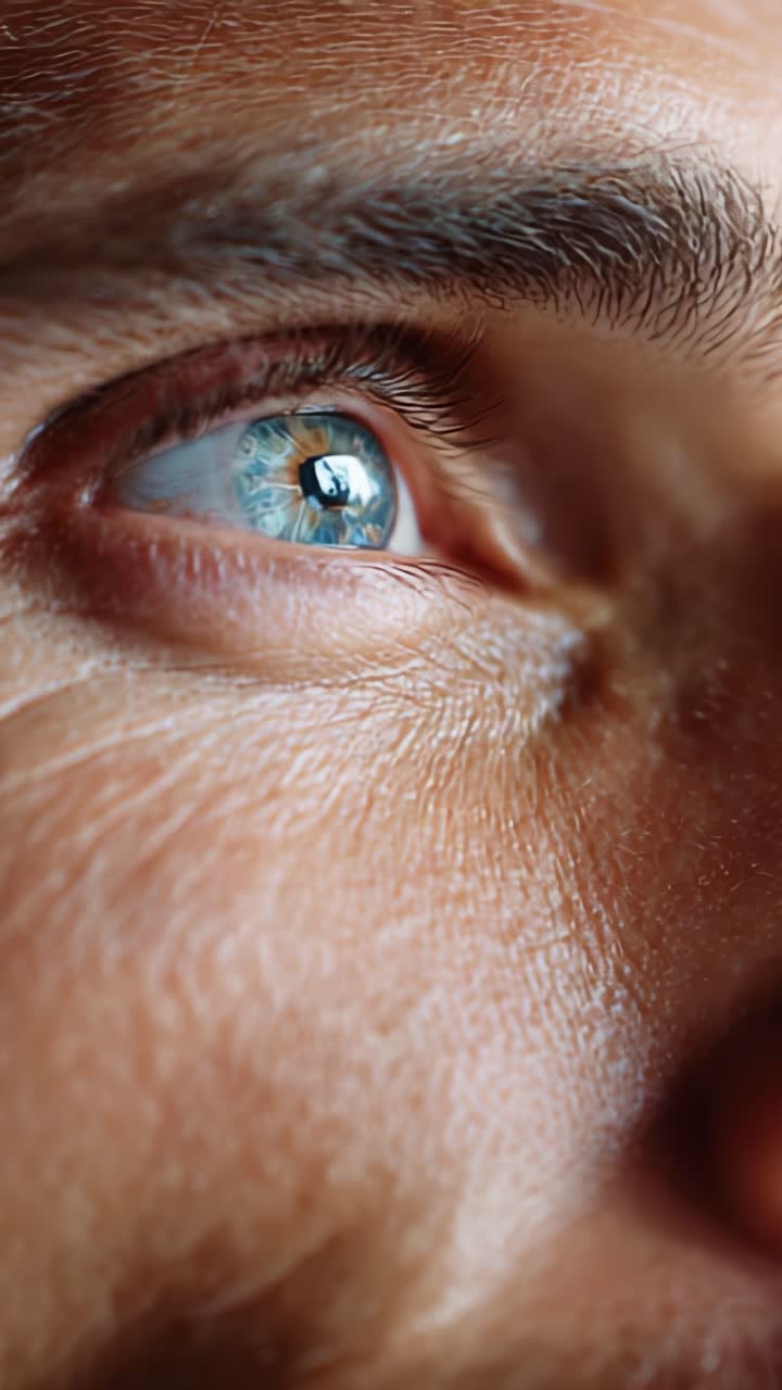 Close-Up of an Eye Featuring Intense Blue Color and Reflections, Capturing the Intricacies of Skin Texture and Emotion in an Engaging Perspective