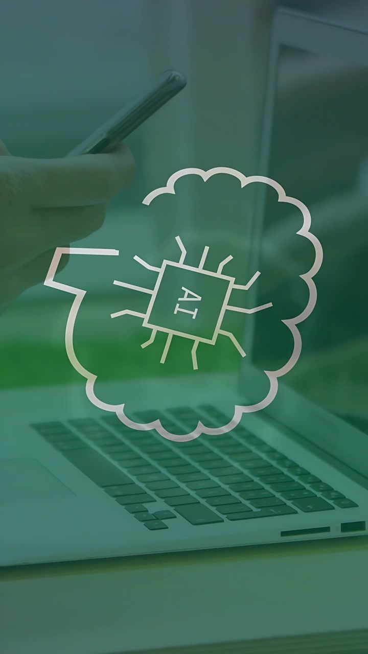 Video verticale: Mano maschile che tiene un telefono sopra un laptop, avviando icone di cloud AI orbitanti per i marketer.