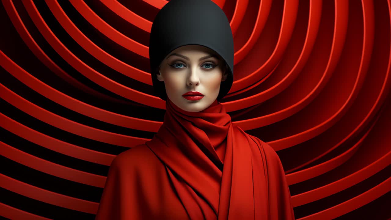 Stylish woman in black hat and red scarf against abstract background