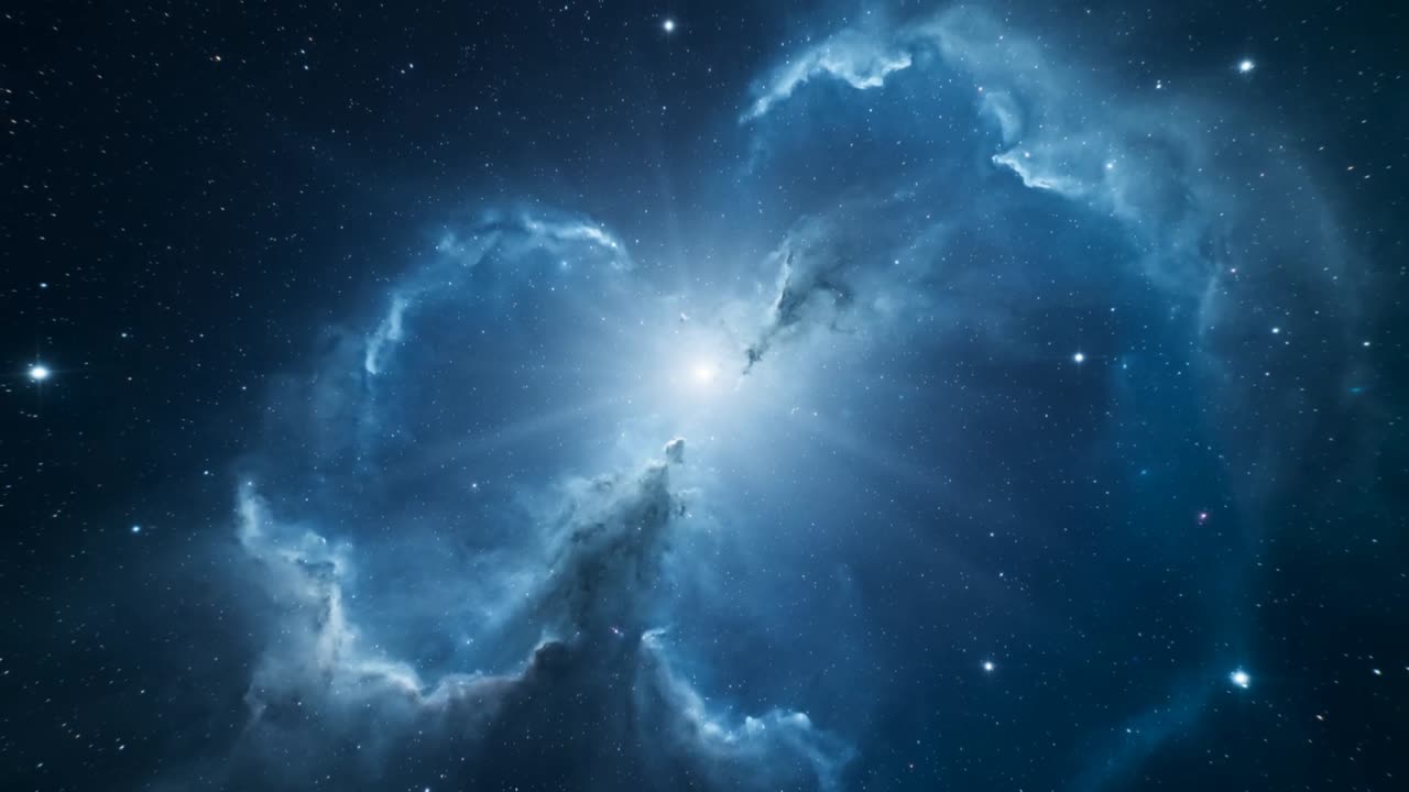 Una luce centrale che si intensifica in una nebulosa blu invia raggi radiali nello spazio profondo, rivelando fasce di polvere.