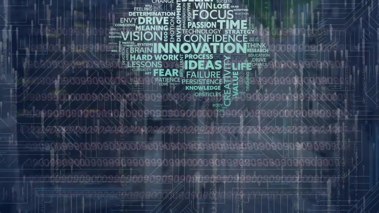 Animation of brain made of texts, lights and binary code