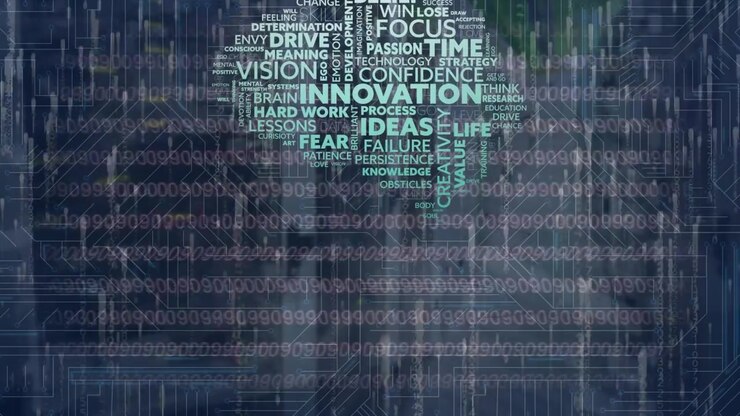 Animation of brain made of texts, lights and binary code