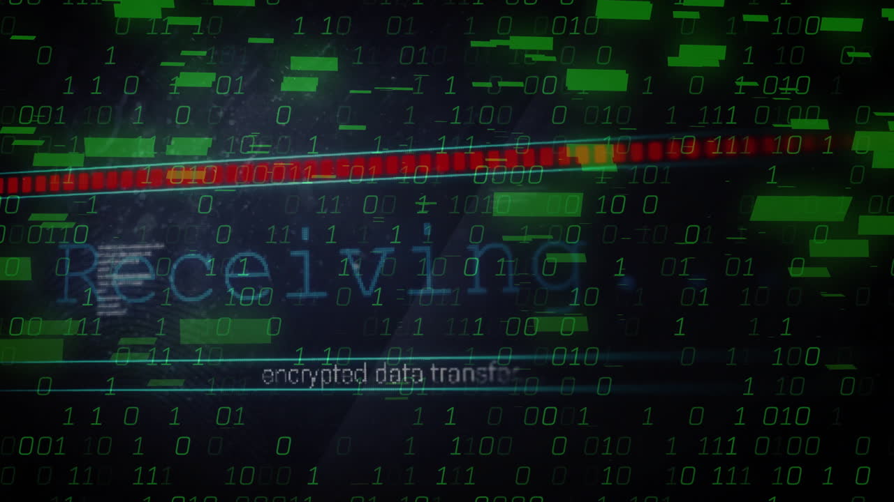 Cyber UI showing green binary code streaming over red progress bar, showing encrypted data transfer