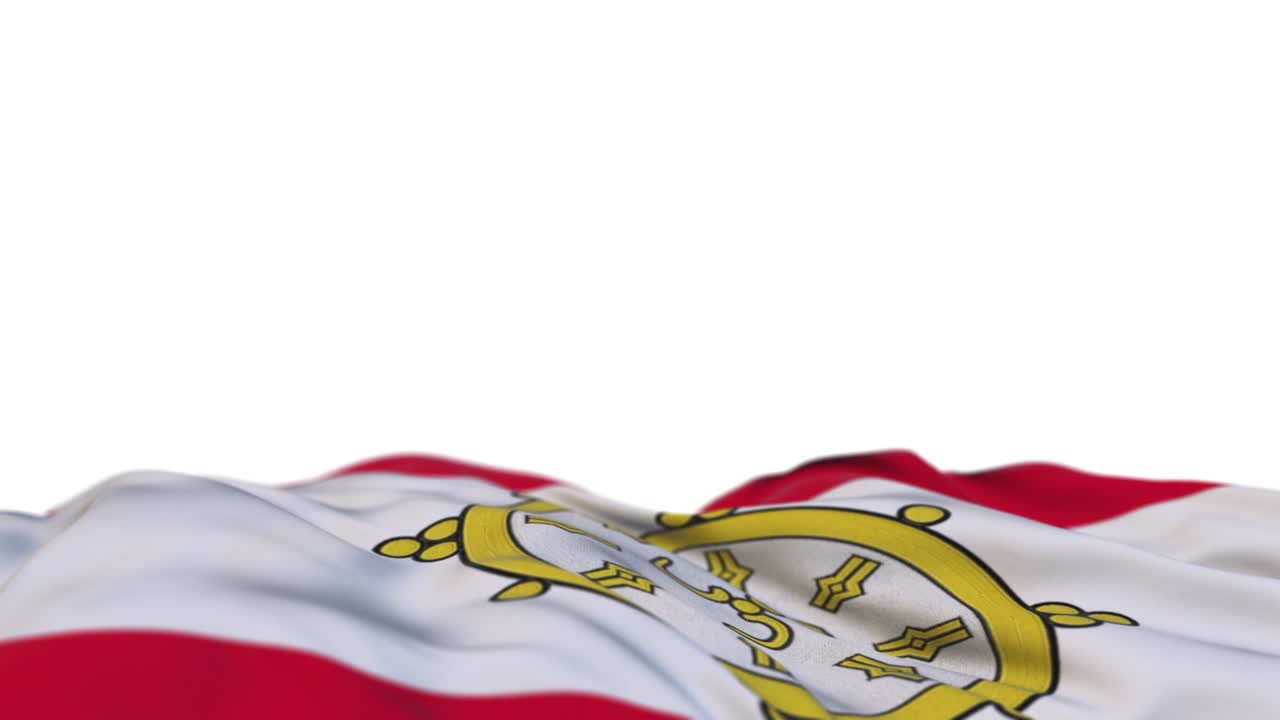 bandera de la tela de sikkim ondeando en el bucle del viento. bordado de sikkimesa estandarte de tela cosida balanceándose en la brisa. fondo blanco medio lleno. lugar para el texto. bucle de 20 segundos.