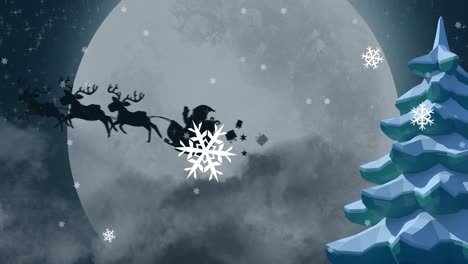 Animation-of-winter-scenery-with-santa-claus-in-sleigh-being-pulled-by-reindeers