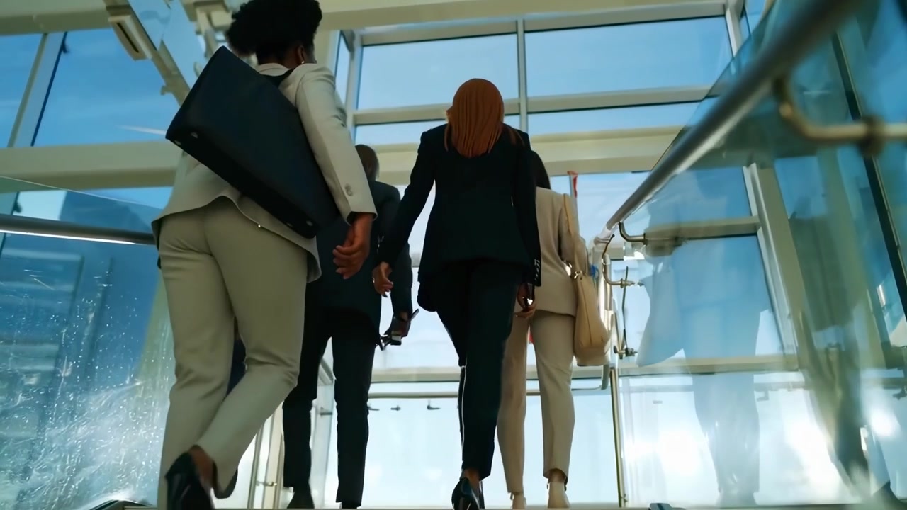 Diverse Business People Walking Up Modern Office Building Stairs