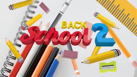 animation of back 2 school text and stationery moving over coloured pencils and school notebook
