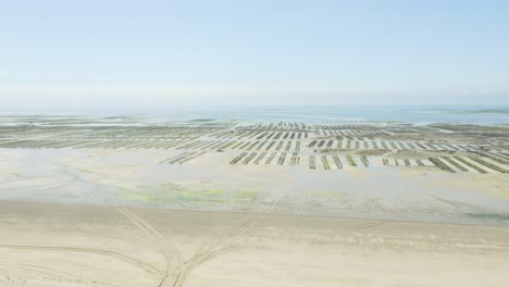 Costa-Arenosa-Y-Granja-De-Ostras-En-Aguas-Poco-Profundas-Durante-La-Marea-Baja-En-La-Playa-En-Normandía,-Francia