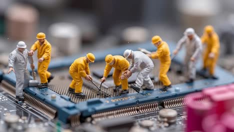 a group of miniature people working on a computer motherboard