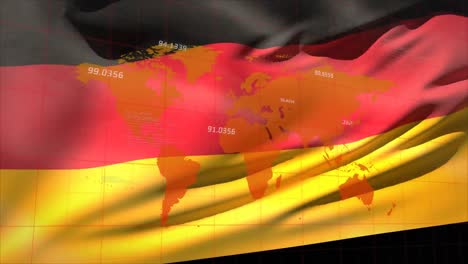 Animation-of-bouncing-numbers-on-map-over-waving-flag-of-germany-in-background