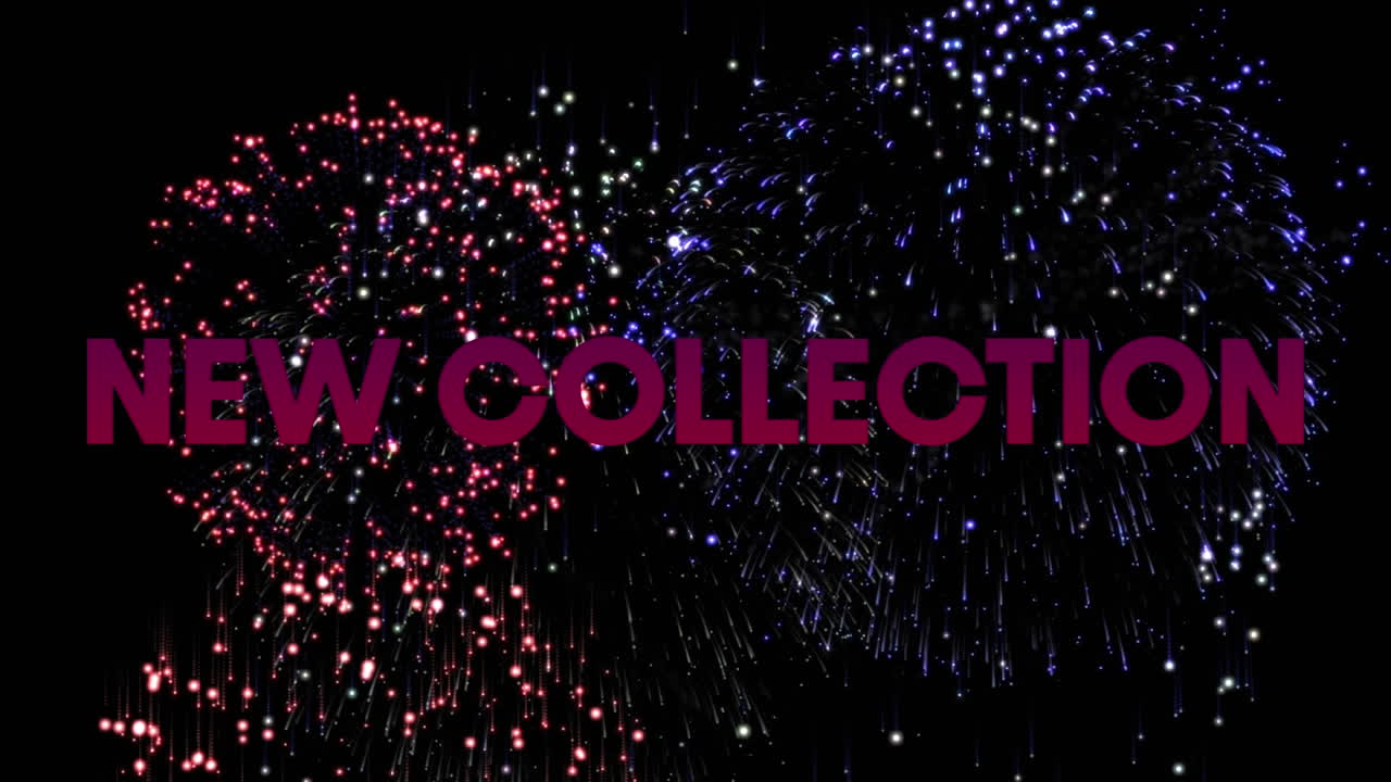 검은 바탕의 불꽃놀이 위에 새로운 컬렉션 텍스트의 애니메이션