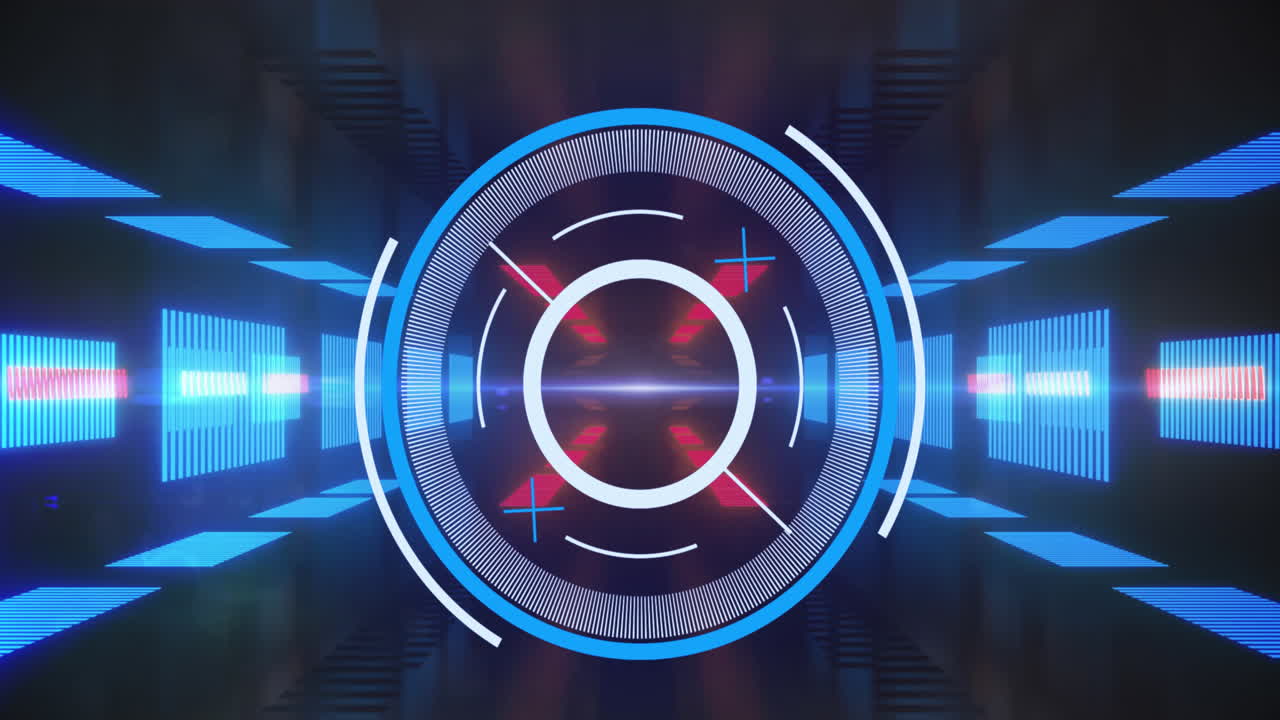 Animation of digital interface showing circular scope scanning and blue and red lights on black