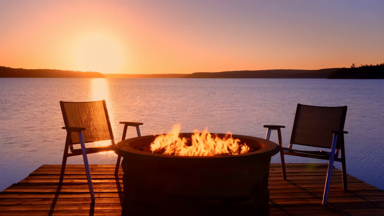 Fire Pit and Chairs on a Dock at Sunset Over a Lake