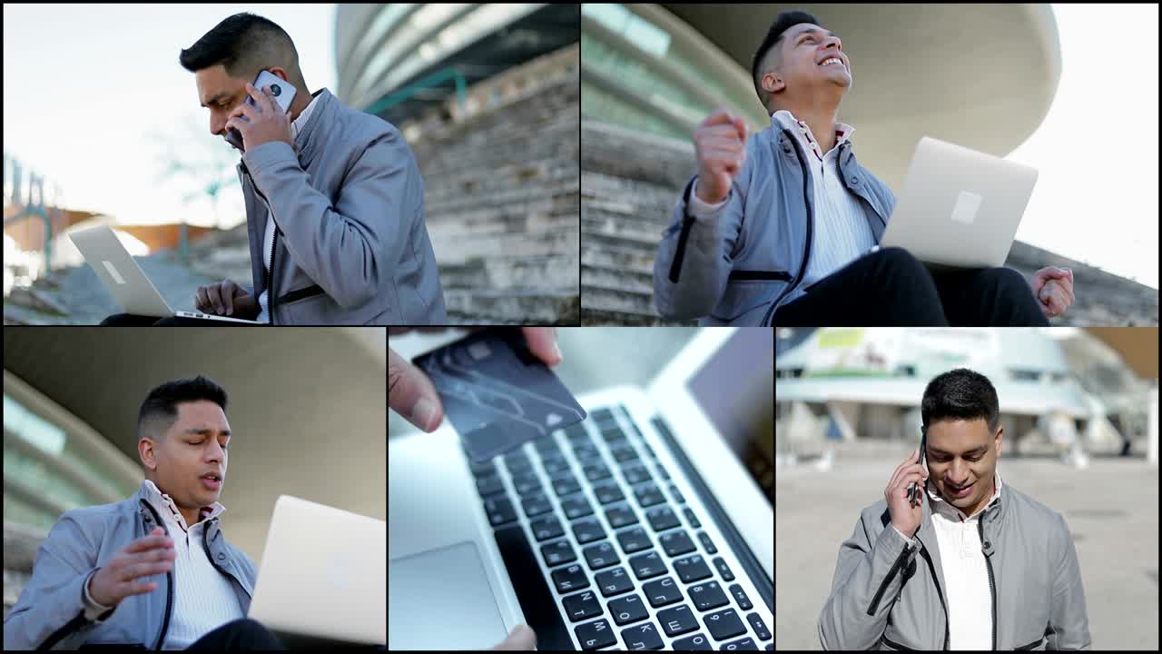 온라인으로 구매하고 신용카드로 지불하는 사업가의 콜라지