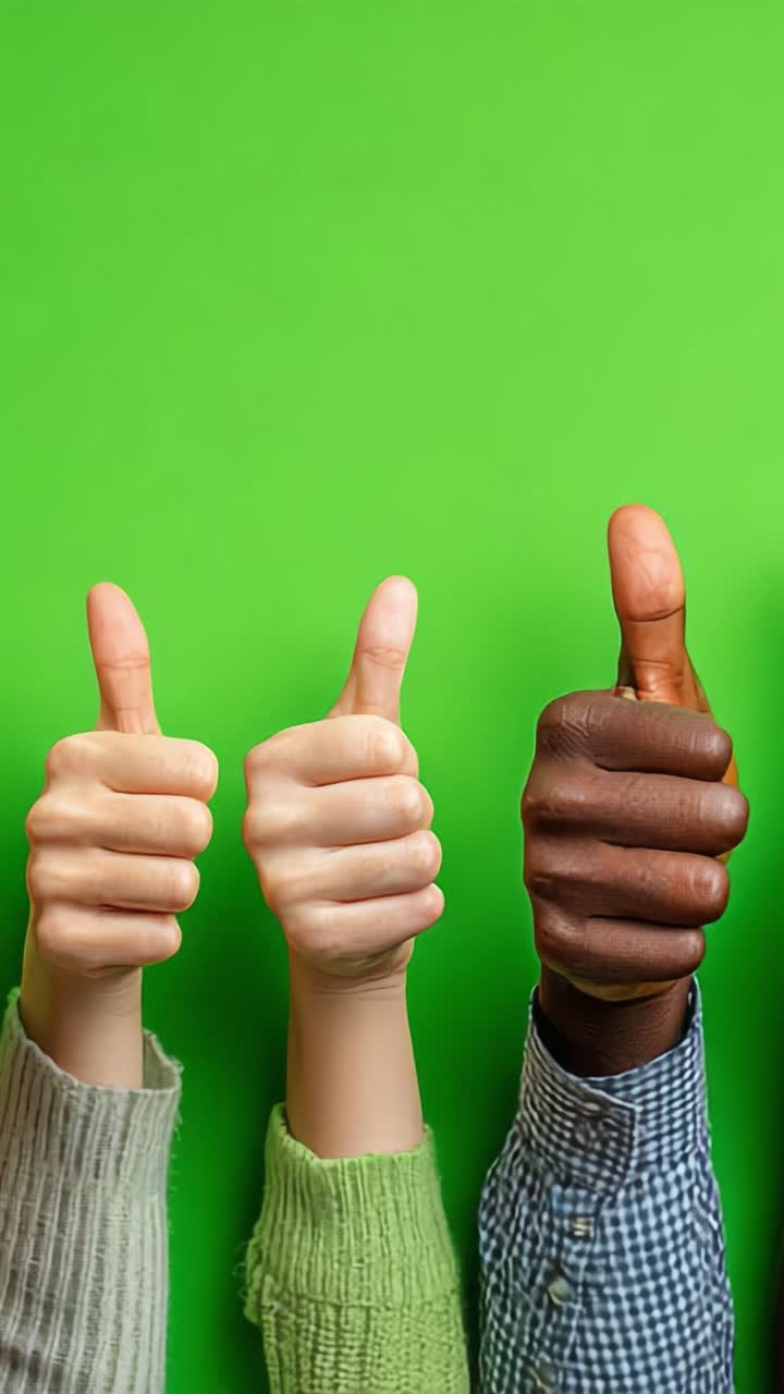 Un inno all'unità e alla positività: mani alzate con pollice in su su sfondo verde brillante che esprimono gioia ed entusiasmo nello stare insieme