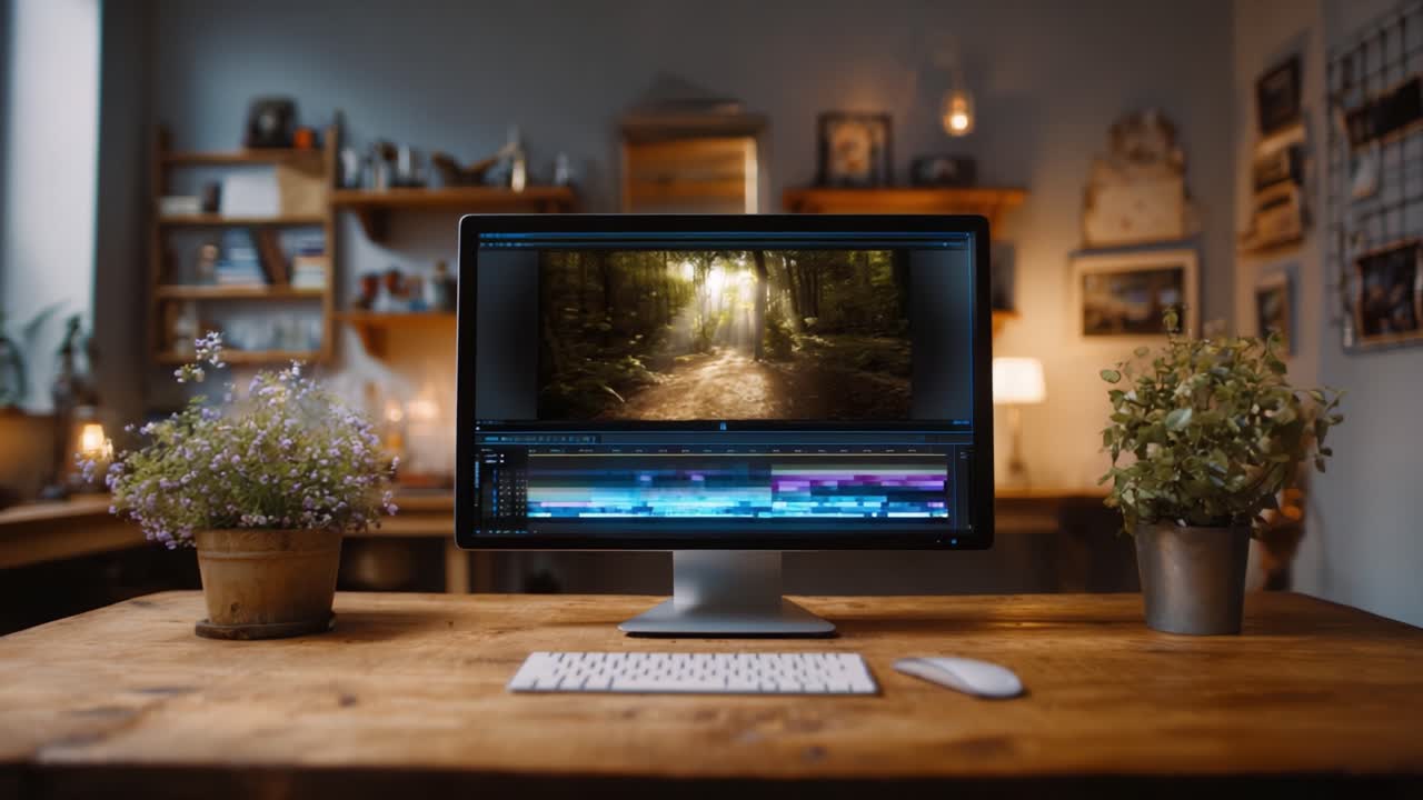 Un'area di lavoro moderna con un monitor di editing che mostra un sentiero nella foresta, circondata da elementi naturali e mobili ben disposti per ispirare la creatività