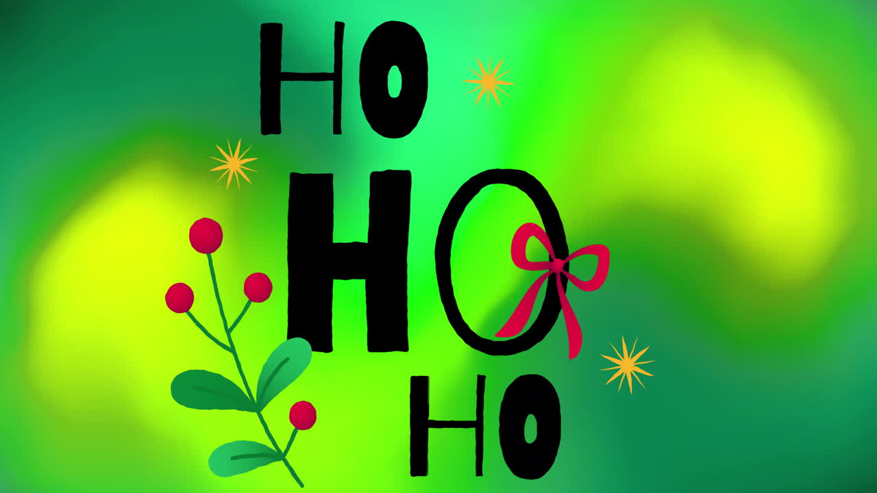Animation of ho text over shapes on green background at christmas